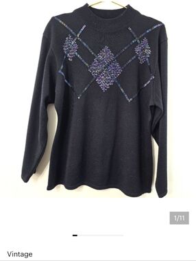 Cedars Vintage Argyle Sweater Sequin Seed Bead Harlequin Oil Spill Hologram Sz L